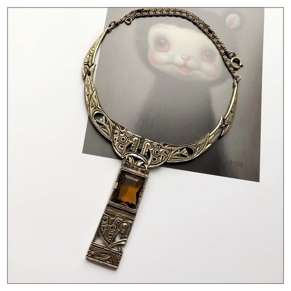 Vintage Miracle Smoky Amber Glass Celtic Collar Necklace Signed Miracle … - Picture 2 of 5